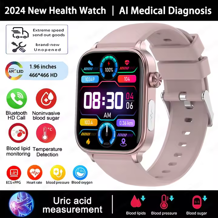 2024 Nueva Ia Diagnóstico médico Azúcar en sangre 1,96 inch 360*360 AMOLED HD Pantalla complete táctil Reloj inteligente hambres y Mujeres lípidos sanguíneos,ácido úrico,ECG + PPG,Bluetooth Llamada, reloj de fitness multifuncional intelente - 1