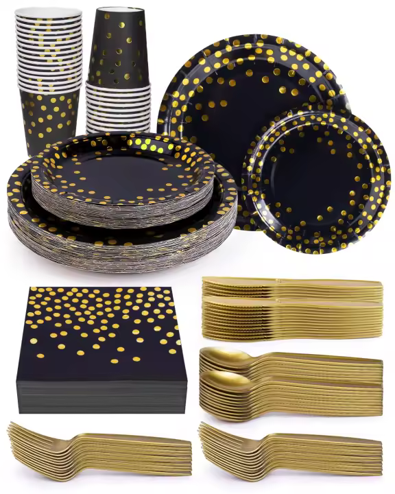 Juego de Vajilla Desechable para Fiesta de 224 Piezas Platos Negros y Dorados con Cuchillos, Garfos, Tazas Ideal para Boda, Cumpleaños, Graduación, Festivales Cocina & Dining - 1