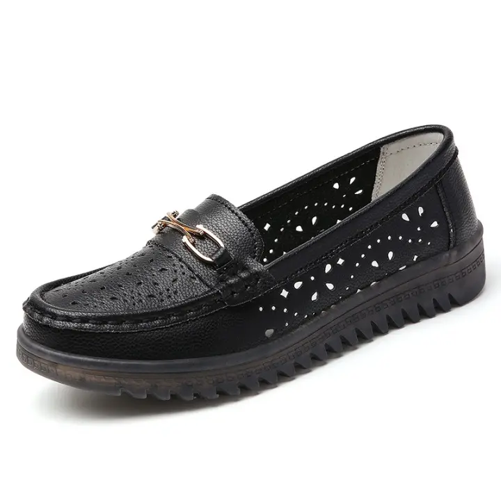 Zapatos de madre de cuero genuino, zapatos planos de primavera y otoño, suela suave, zapatos individuales sin cordones de un solo paso, zapatos antideslizantes para mujeres de mediana edad y mayores, zapatos de cuero cómodos - 1