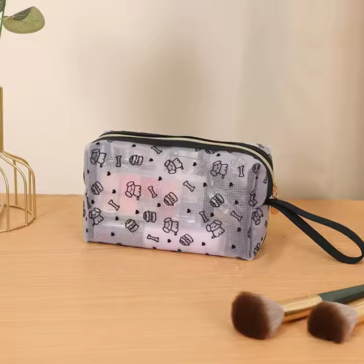Bolsa con cierre de maquillaje de mano de malla ligera, bolsa de cosméticos de malla transparente, bolsa de aseo de almacenamiento cuadrada de gran capacidad para mujer - 1
