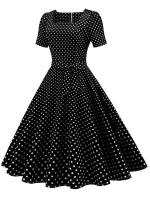 Vestido midi elegante informal para mujer con lunares, cuello Peter Pan, cintura alta y corte en A - details 21
