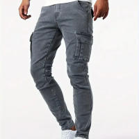 Jeans de Cargo de Denim Pantalones Casuales para Hombres de Cintura Media, Ajuste Delgado, Múltiples Bolsillos, Color Sólido - details 14