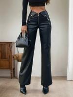 Fashion high-waisted individualistic pants in INS style, PU leather pants with metal zippers and straight legs for nightclubs. - details 4