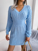 Knitted Sweater Dress For Women  Autumn Winter Long Sleeve Slim Waist Knitwear Clothes White Blue Khaki - details 15