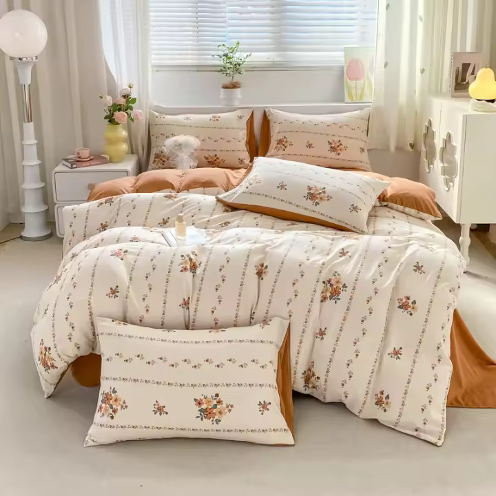 Conjunto de Cama Floral Retro Coreano Sábanas de Algodón Lavado 100%, Funda de Edredón Suave, Funda de Almohada - 1