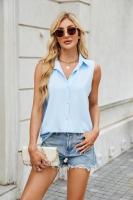 Camisa y blusa de verano para mujer, blusa holgada de gasa de Color sólido sin mangas con botones, hermosa en promociones, Tops femeninos - details 28