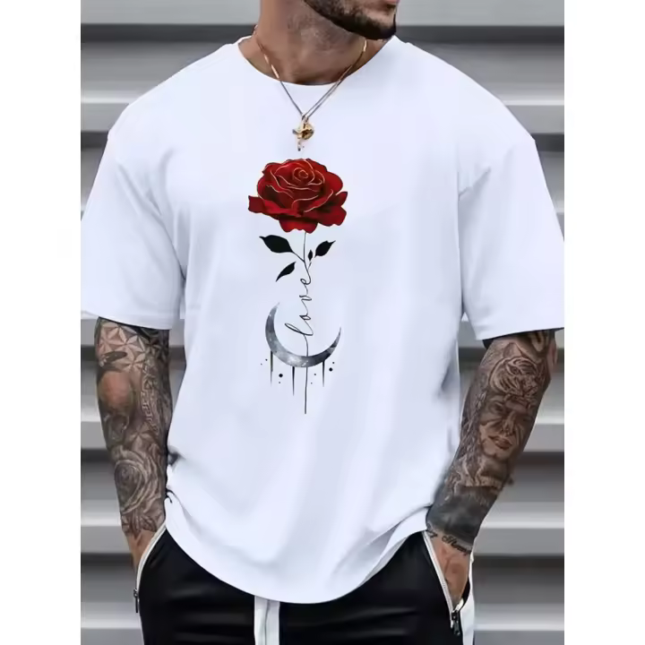 1 camiseta informal con cuello redondo para hombre, 100% algodón, transpirable y liviana, manga corta, diseño estampado de rosa y media luna - 1