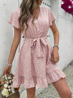 Vestido de manga corta con cuello en V y lazo floral de cintura alta estilo francés de verano para mujer - details 4