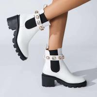 Botas de cuero de invierno 2024 con correa de diamantes de agua, tacón grueso, botines con plataforma, fabricante de calzado para mujer - details 0