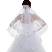 Venta al por mayor, velo de novia corto de encaje de 2 niveles para mujer con peine, borde de encaje de lentejuelas con apliques de alta calidad - details 0
