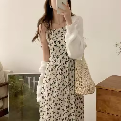 Vestido Halter con estampado Floral de verano para mujer, ropa interior elegante adelgazante, falda larga coreana, Material de gasa de cintura alta sin manga - 1