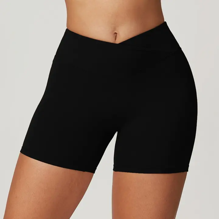 Pantalones cortos de gimnasio para mujer, pantalones cortos de Yoga lisos, mallas cortas cruzadas para Fitness, pantalones cortos para correr de cintura alta, ropa corta de entrenamiento elástica - 1
