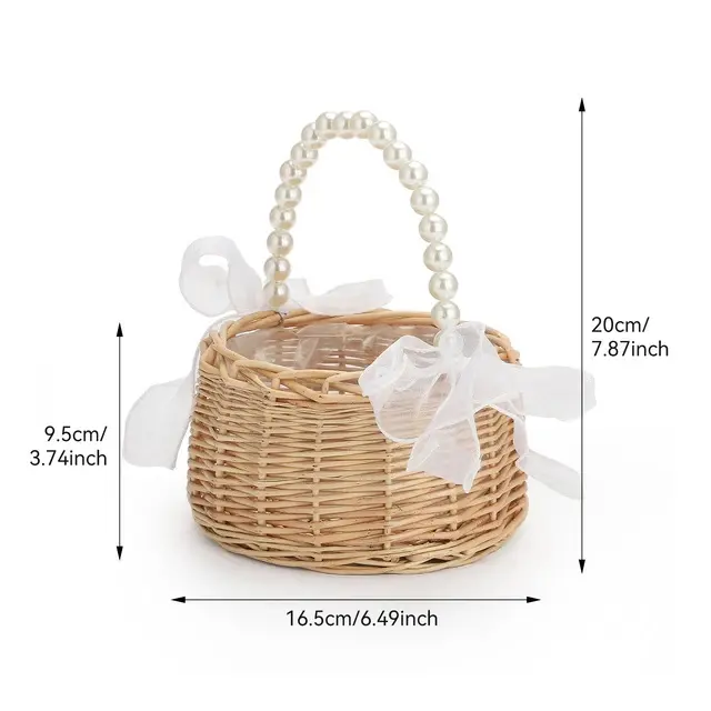 Cesta de mimbre tejida a mano para niña, cesta de mimbre con perlas de princesa, para decoración del hogar y boda - 1