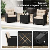 Conjunto de jardín exterior de ratán de 3 piezas, 1 mesa auxiliar de vidrio templado y 2 sillas con cojines, muebles de jardín terraza balcón exterior (negro) - details 19