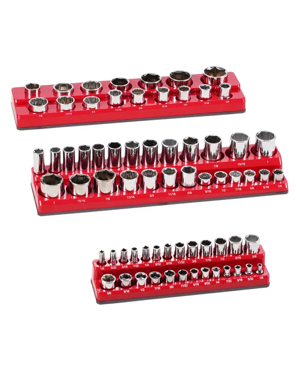 SucceBuy Juego de organizador de enchufes magnéticos, 3 piezas, 1/4'', 3/8'', 1/2'' SAE, capacidad para hasta 68 piezas, etiquetas transparentes, rojo (enchufes no incluidos) - 1