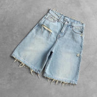 Pantalones Cortos de Denim Rasgados Estilo Hip Hop Verano Negro, Diseño Relajado Callejero Vintage con Borde Raw - details 2