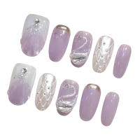Uñas Postizas Cortas Redondas De Terciopelo Morado Y Blanco Con Diseño 3D De Cisne Para Mujeres Y Niñas Estilo Lady Con Ojos De Gato - details 3