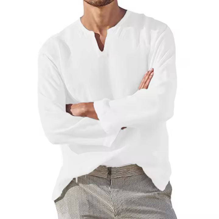 Camisa Casual de Algodón y Lino para Hombres Cuello en V Comodidad, Manga Larga, Color Sólido, Talla Grande - 1