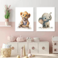 Póster de dibujos animados de animales de la selva, pintura en lienzo de elefante, León, hipopótamo, imágenes artísticas de pared para dormitorio de niños, decoración de habitación de bebé - details 5