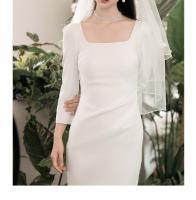 Vestido largo elástico y ajustado de manga corta con cuello cuadrado francés para mujer - details 12