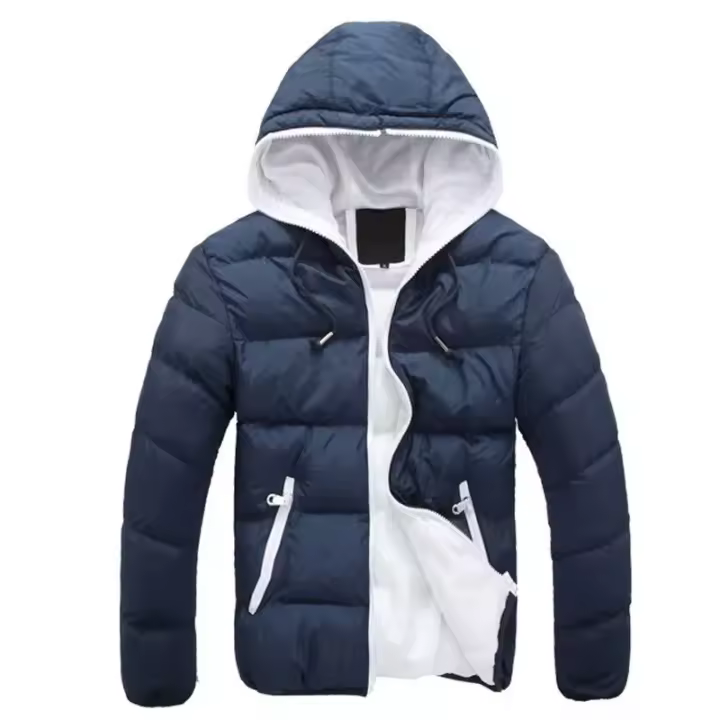 Una nueva chaqueta acolchada de algodón con capucha y cremallera de color liso, adecuada para la moda masculina de otoño e invierno. - 1