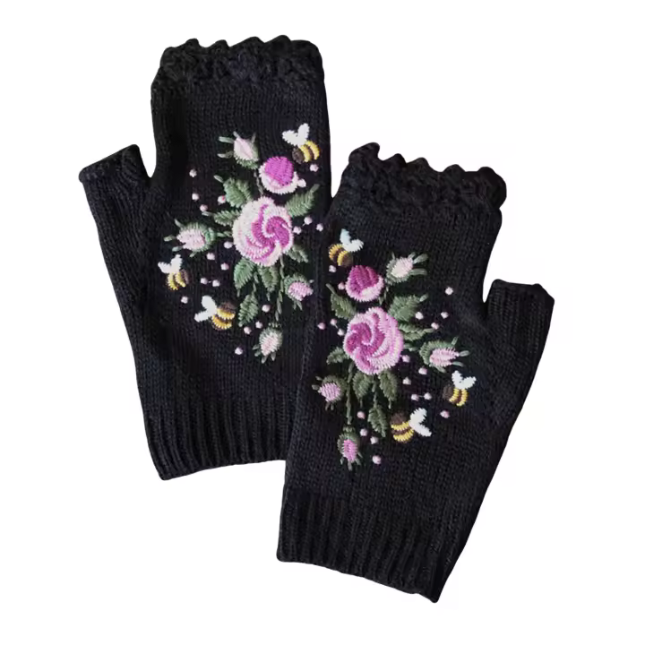 Guantes cálidos sin dedos para mujer, calentadores térmicos de punto con flores bordadas, invierno frío - 1
