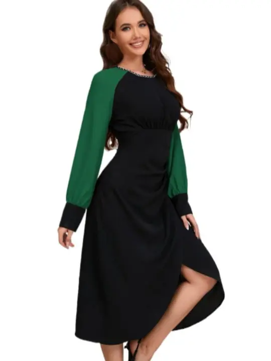 Vestidos de Primavera Otoño 2025 para Mujer Moda Coreana Cuello Redondo Empalmado Vestido de Manga Larga en Promoción - 1