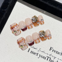 10pcs Uñas Postizas De Plisado Marrón Hechas a Mano Cortas Cuadradas Con Diamantes Brillantes Estilo Francesa Para Otoño Diseño De Uñas Press on - details 0