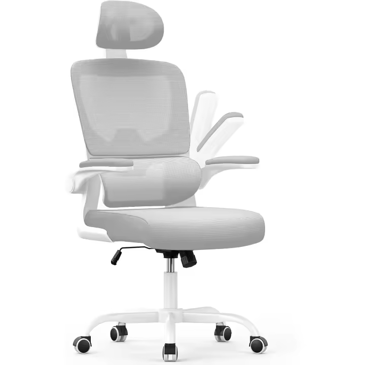 Silla Oficina Ergonómica con Soporte Lumbar, Silla de Escritorio de Respaldo con Reposacabezas y Altura Ajustables, Reposabrazos Abatible, Silla de Ordenador para Oficina en Casa, Gris - 1