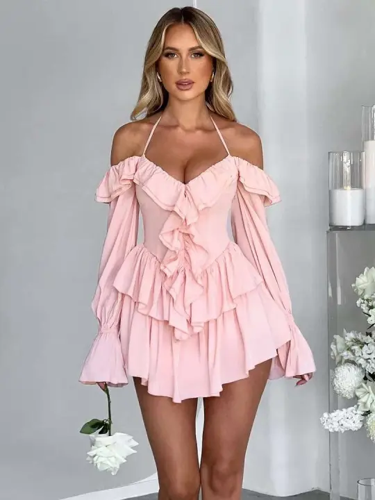 Vestido Mini de Verano 2024 Sexy Elegante con Mangas de Flecos Color Puro Sin Lazos - 1