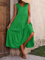 Vestido Boho sin Mangas de Verano 2024 Cuello en V, Color Sólido, Vestido de Flecos en Capas - details 14