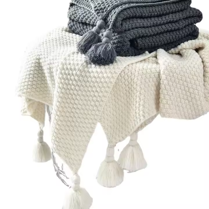 Alfombra de punto suave para cama, manta acogedora tejida a mano con borla, perfecta para cama, sofá - 1