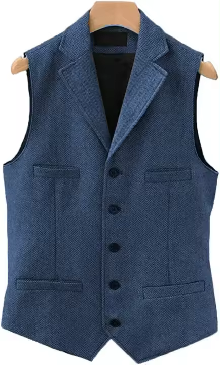 Chaleco de traje de tweed con espiga para hombre, solapa de muesca ajustada con 4 bolsillos, chaleco de boda para padrinos de boda - 1
