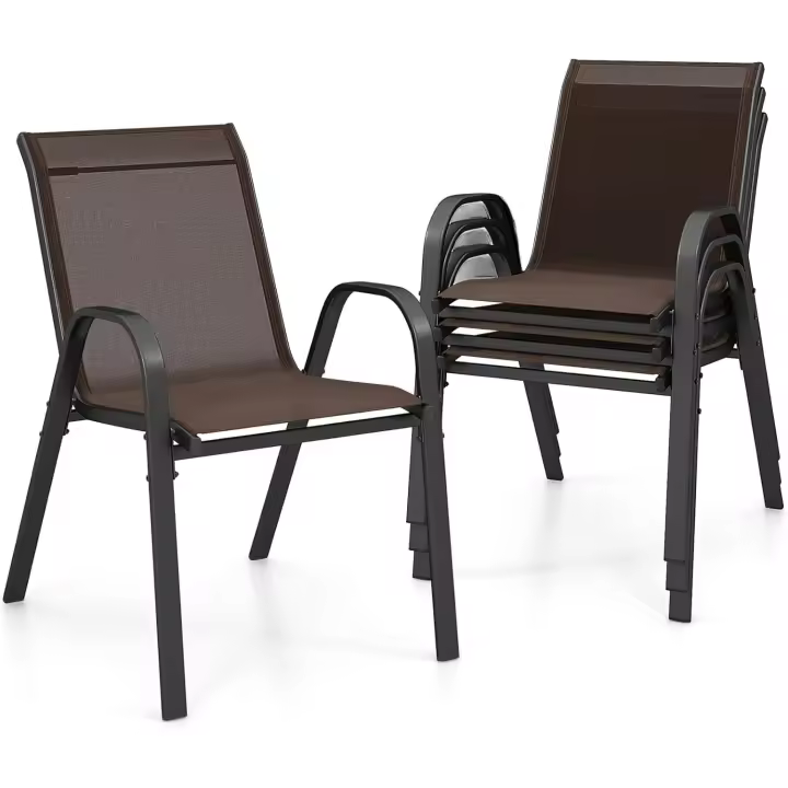 Juego de 4 sillas de exterior, silla de comedor apilable con marco de acero con reposabrazos y respaldo, 56 x 70 x 84 cm, sillas ergonómicas para piscina, terraza, jardín (marrón) - 1