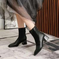 Botas cortas con punta cuadrada y tacón grueso para mujer, color negro, caqui, para oficina, fiesta y boda - details 5