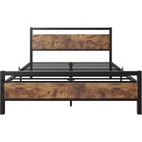 Base de cama de plataforma de metal, tamaño doble, con cabecero y estribo de madera, soporte de acero resistente, no necesita somier, fácil montaje color negro - details 3