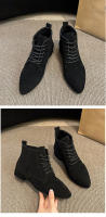 Botas de mujer Otoño e Invierno botas cortas de estilo británico Color sólido gamuza puntiagudas con cordones tacón grueso botas de gran tamaño - details 9
