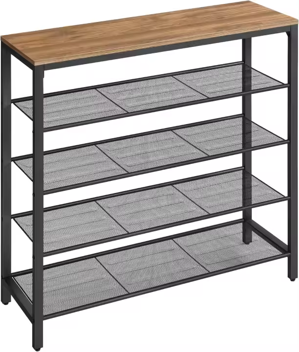 Estante Zapatero, Estante para Zapatos, Zapatero con 4 Estantes de Malla y Gran Superficie para Bolsas, para Entrada, Armario, Metal, Industrial, Marrón Miel y Negro Tinta LBS015K01 - 1