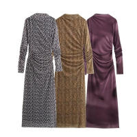 n Estampado de otoño de colores de tul plisado simple para mujer, vestido de malla informal de manga larga con - details 1