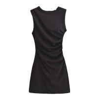 Mini vestido elegante de verano con cuello redondo y sin mangas, decoración informal plisada, vestidos cortos en la espalda para mujer - details 2
