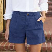 Pantalones cortos de verano para mujer, pantalones cortos de sarga elásticos suaves con bolsillos laterales, pantalones cortos cómodos clásicos lisos con botones rectos para ir al trabajo diario - details 0