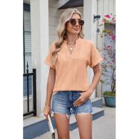 BUNO-2025 Blusas informales para mujer, camisas holgadas de manga corta con cuello de pico de Jacquard bordado a la moda, Tops elegantes de colores sólidos para verano - details 15