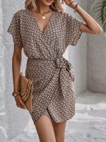 Lazo con cuello en V con elegantes patrones geométricos, adecuado para mujeres, vestido cruzado europeo y americano. - details 0