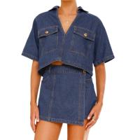2025 Verano Vestidos de Mujer, Cuello en V Manga Corta Traje de Denim Irregular Suelto, Falda Pantalones Cortos - details 2