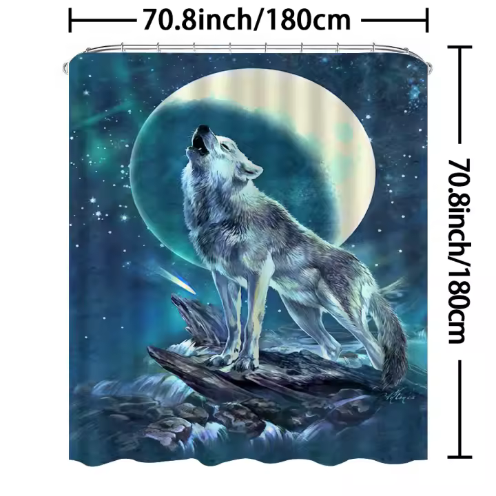 Cortina de Ducha Impermeable con Estampado de Lobo Alfombra de Piso Suave Antideslizante - 1