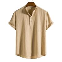 Camisa holgada de manga corta para hombre, camisa a rayas con cuello alto, estilo moderno, talla grande, nueva en 2024 - details 2