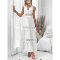 Vestido largo sexy hasta el tobillo blanco de cintura alta sin mangas con cuello en V de encaje para mujer - details 2