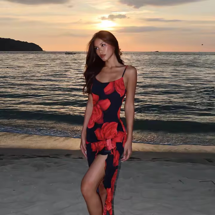 Nuevo vestido de verano ajustado con tirantes divididos y estampado para mujer - 1
