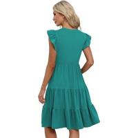Vestido midi con cuello en V, manga de volantes de loto, empalme y bolsillo tipo péndulo para mujer 2025 - details 4