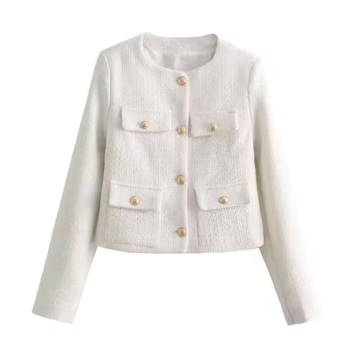 Chaqueta de tweed con punto de inflexión, camiseta corta con cuello redondo y una rotura de primavera para mujer, Top de moda - 1